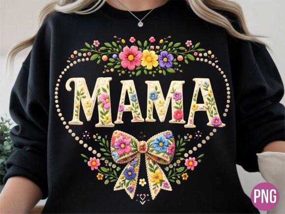Spring Floral Mama Embroidery Bow PNG